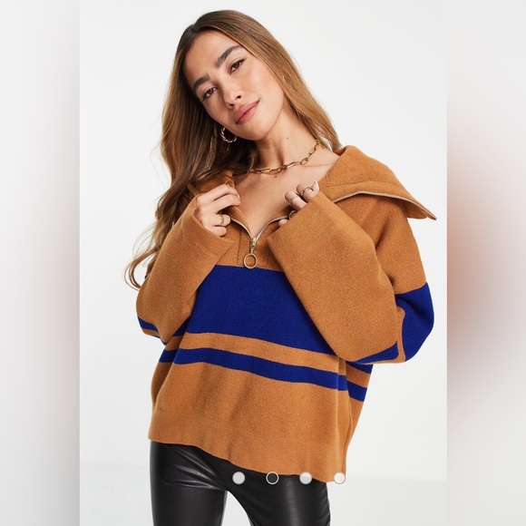 Mango Sweaters - Mango half zip sweater in brown with blue contrast stripes, oversized XS